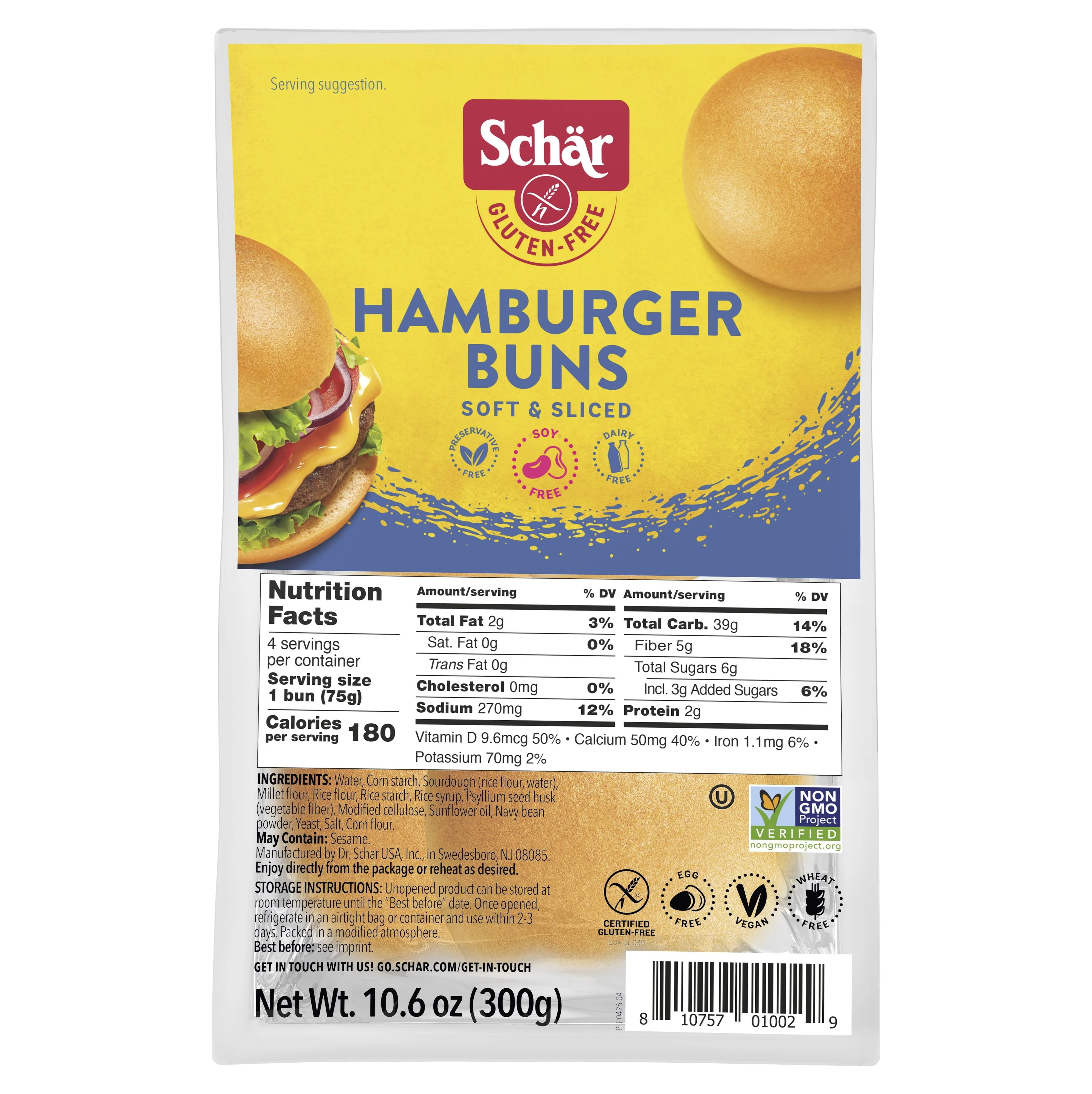 Schar Gluten Free Hamburger Buns, Shelf-Stable, 10.6 oz (4 Count)