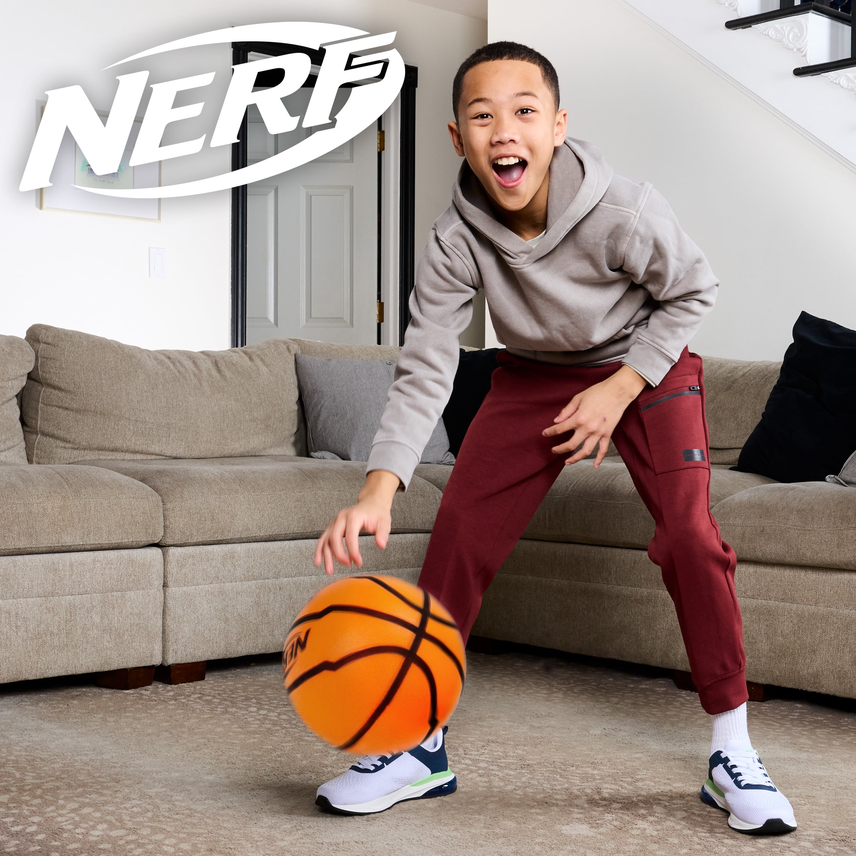 NERF Quietcourt Silent Foam Basketball - Quiet Ball for Indoor Dribbling Practice + Drills - 28.5" inch Kids + Youth Basketball - Never Goes Flat Foam