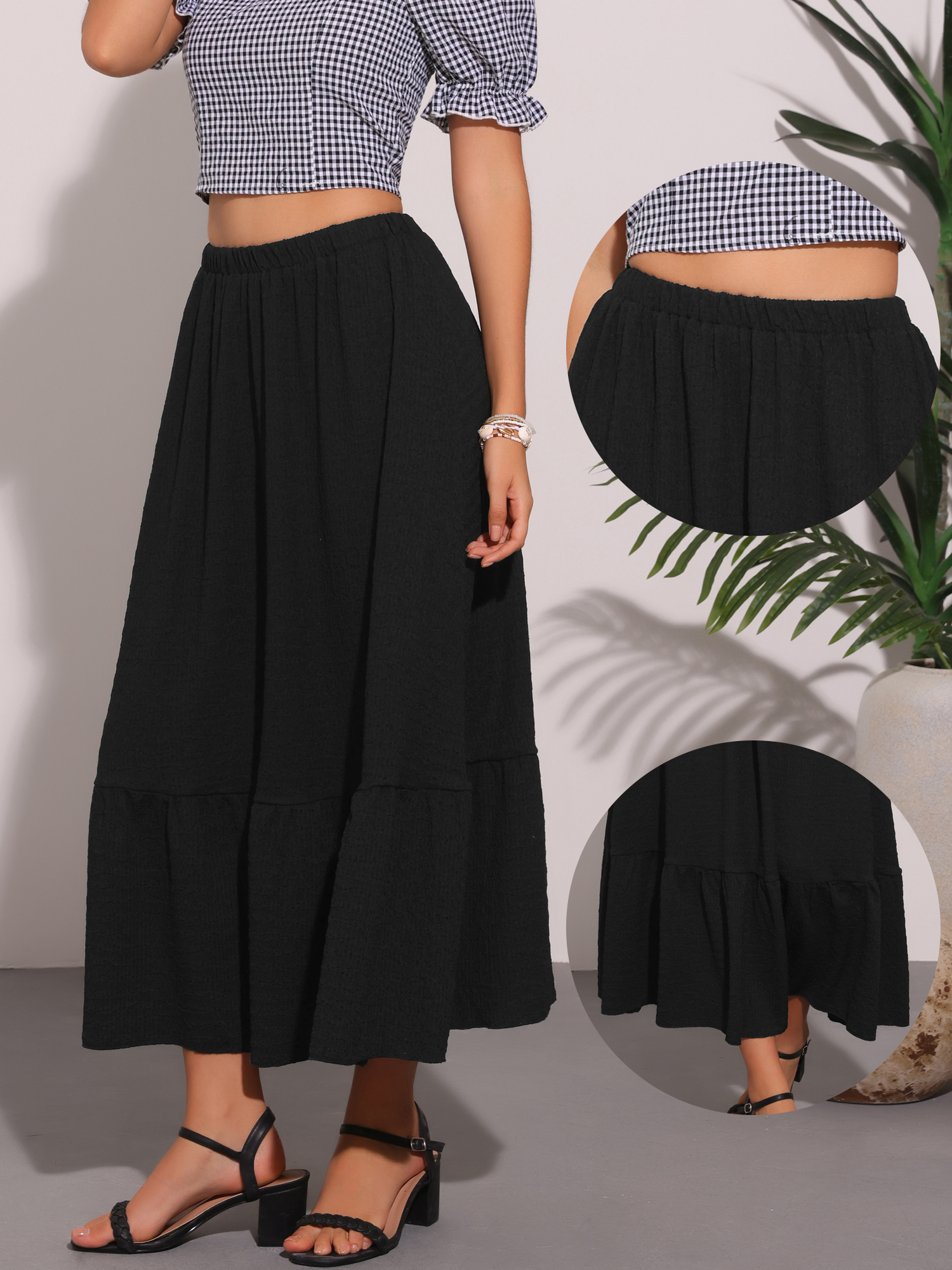 DARING DIVA Women's Elastic High Waist Flowy Tiered A-Line Summer Maxi Skirt M Black