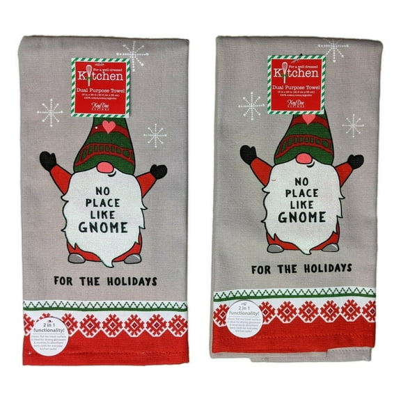 Set of 2 NO PLACE LIKE GNOME FOR THE HOLIDAYS Christmas Terry Kitchen Towels, Kay Dee Designs