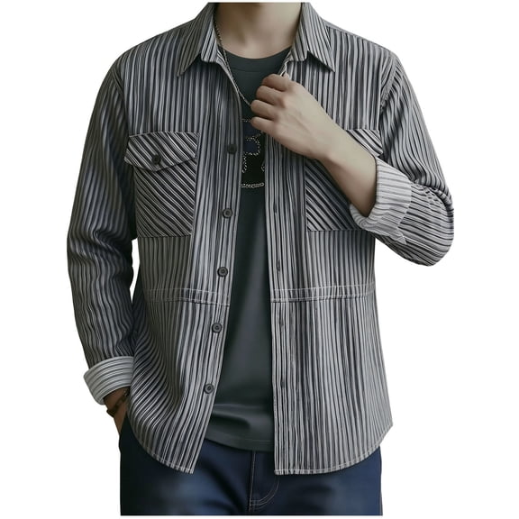 Striped Shirt for Men Western Cowboy Pearl Snap Long Sleeve Work Casual Buttons Vintage Shirts Gray