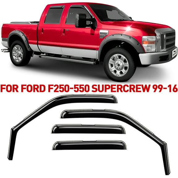 Voron Glass in-Channel Extra Durable Rain Guards for Ford F250 to F550 Super Duty 1999-2016 SuperCrew, Window Deflectors, Vent Window Visors, 4 Pieces - 200434