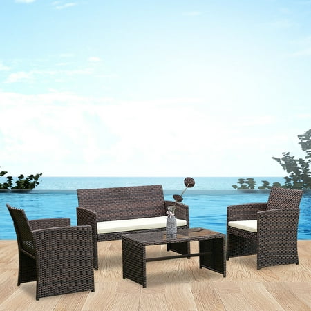 Replacement Parts Patio Furniture Costway 4 PCS Outdoor Patio Rattan Wicker Furniture Set Table Sofa Cushioned Garden Deck ()