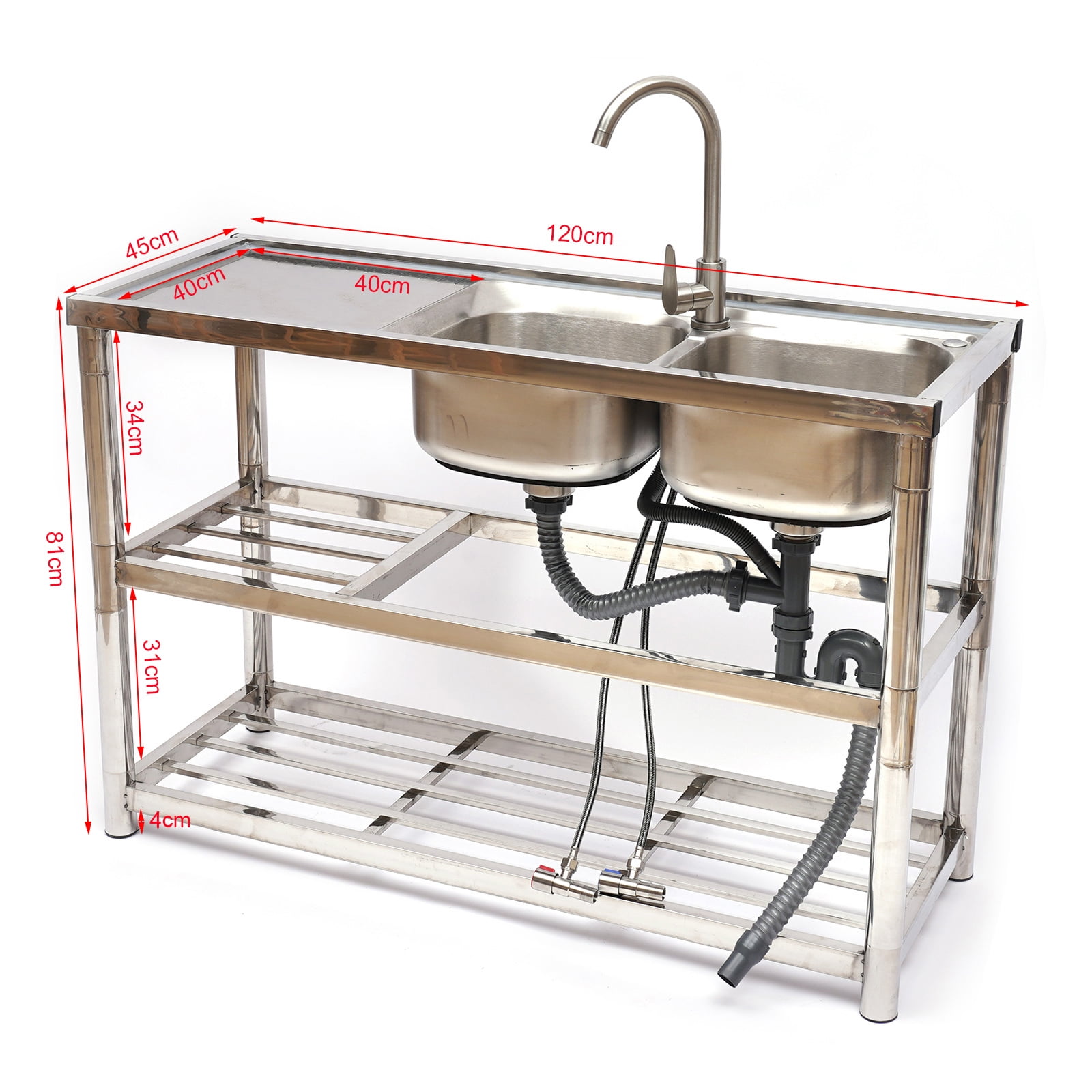Dwellnix Stainless Steel Utility Sink with Faucet and Shelving, Large Capacity Kitchen Sink with 2 Compartments, Space-Saving Design for Kitchens, Laundry, and Outdoors