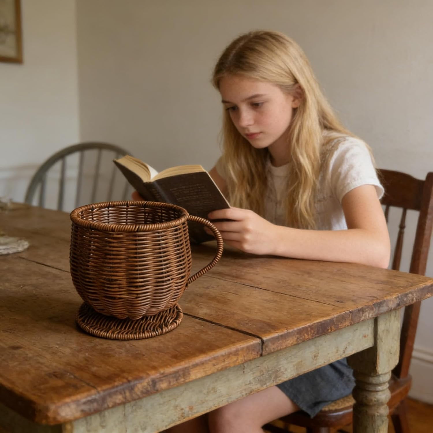 Wicker Coffee Cup Shape Storage Basket, Handwoven Woven Organizer for Fruit Bread, Rattan Creative Farmhouse Fruit Bowl, Multi-Purpose Container for Kitchen Countertop (Coffee)