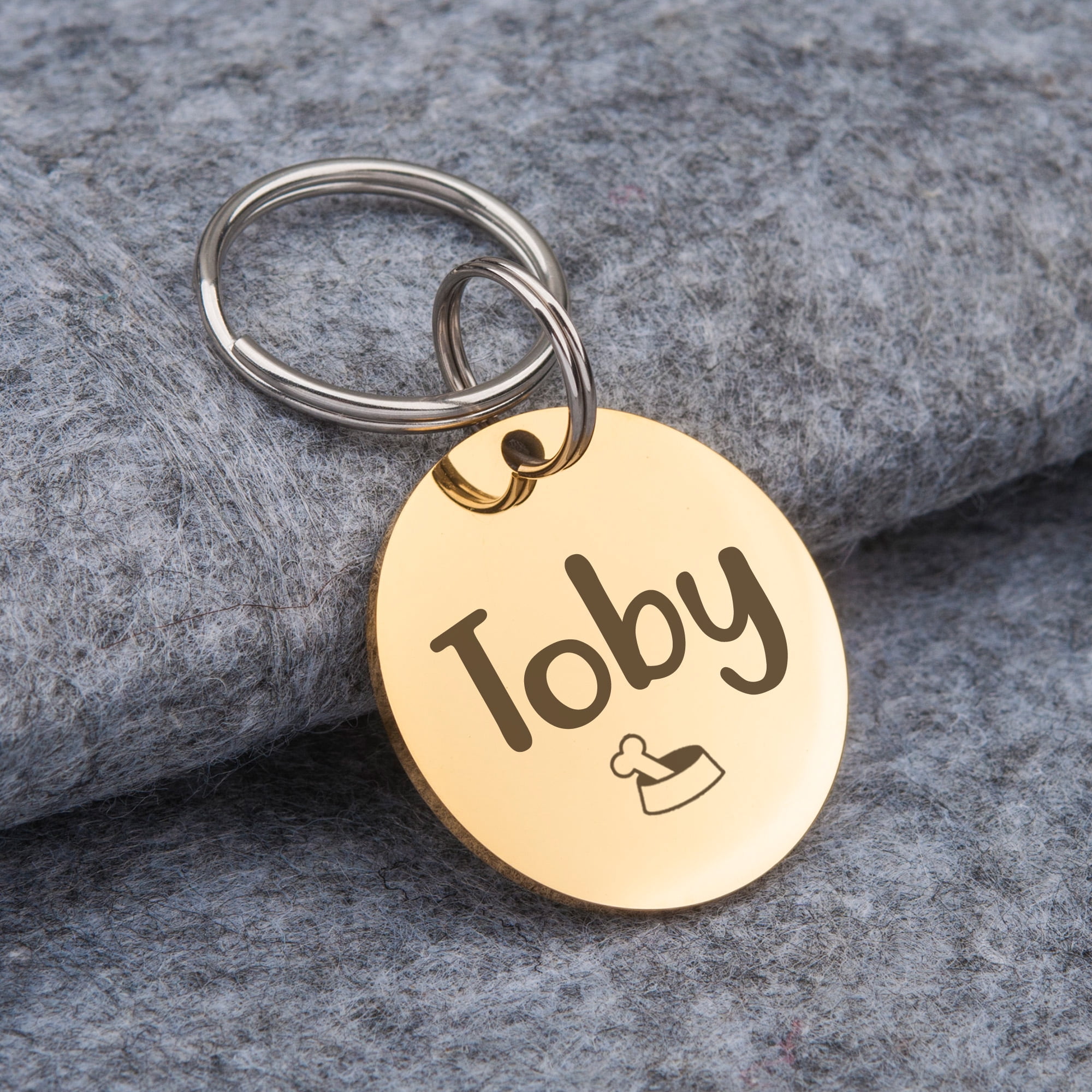 Anavia Stainless Steel Metal Round Name - Icon Birthday Holiday Christmas Engraved Dog ID Tag, Gold