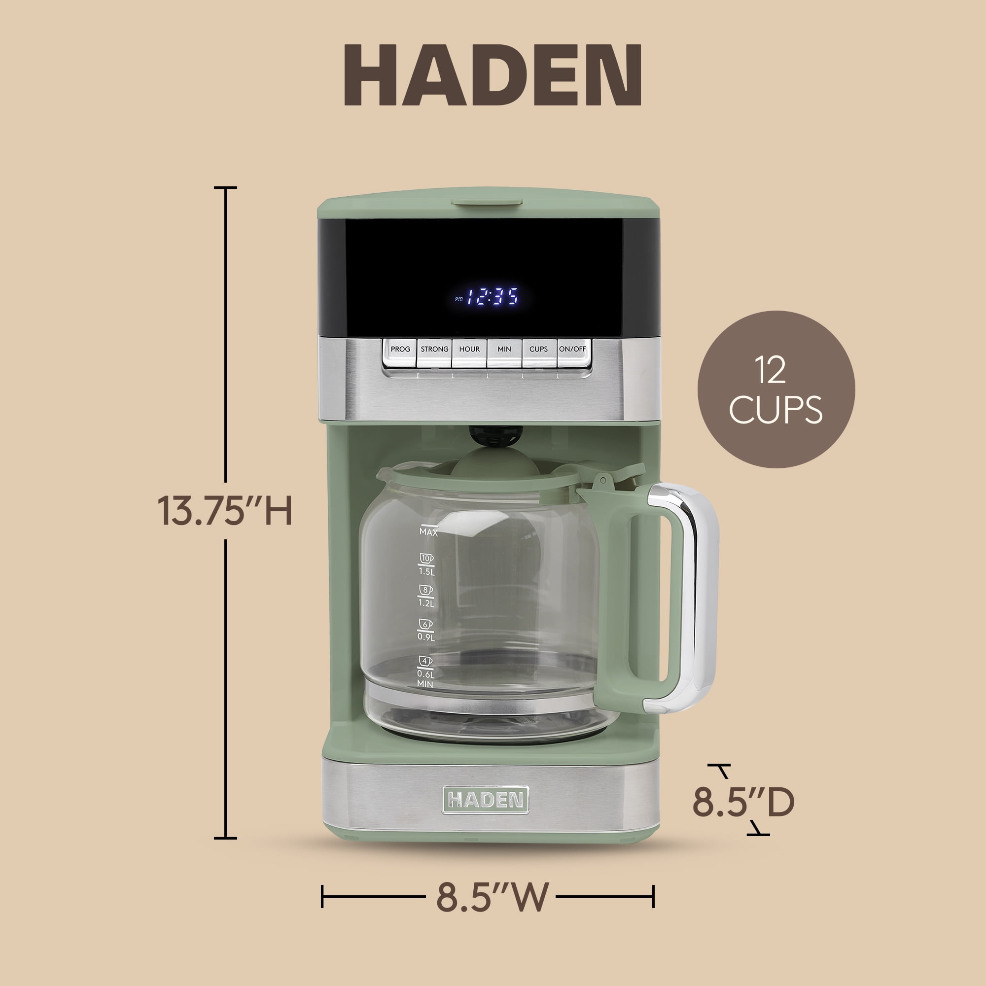 Haden Programmable Drip Coffee Maker, 12 Cup Cafe Machine, Green/Chrome