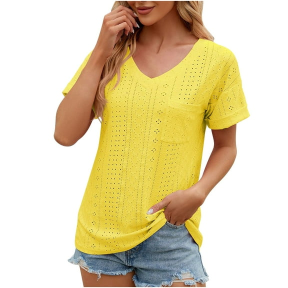 Njoeus Going Out Tops for Women, Shirts for Women Womens Tops Short Sleeve Eyelet T-Shirt V-Neck Summer Casual Shirts for Women Tunic Blouse with Pocket S-XXL