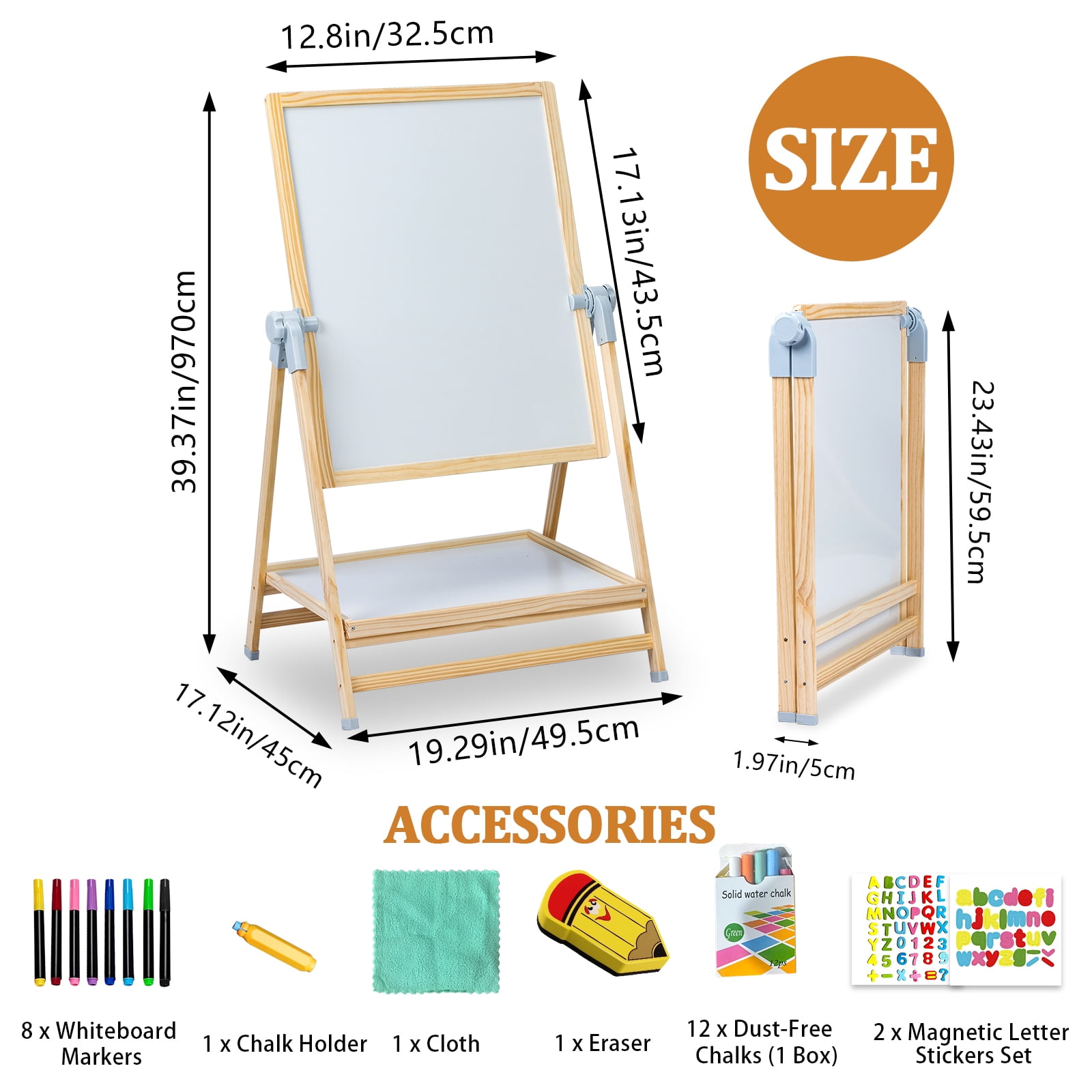EVGTTI Art Easel for Kids, Adjustable Double-Sided Magnetic Easel, Wooden Kids Art Easel with Shelf, Safe Learning Toy for Boy & Girls