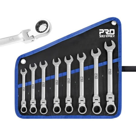 PROSTORMER 8-Piece Flex Head Ratchet Combination Wrench Set, 5/16"-3/4" SAE, 90 Tooth Socket End and Open End Wrench Gear Wrench with Cr-V Construction, Canvas Bag