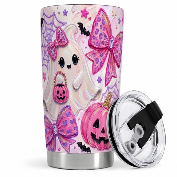 Pink Bow Pumpkin Ghost Tumbler, 20oz Insulated Drinkware for Halloween Fans Stainless steel insulated tumbler with lid, pink pumpkin ghost art for water, iced coffee, tea, or office