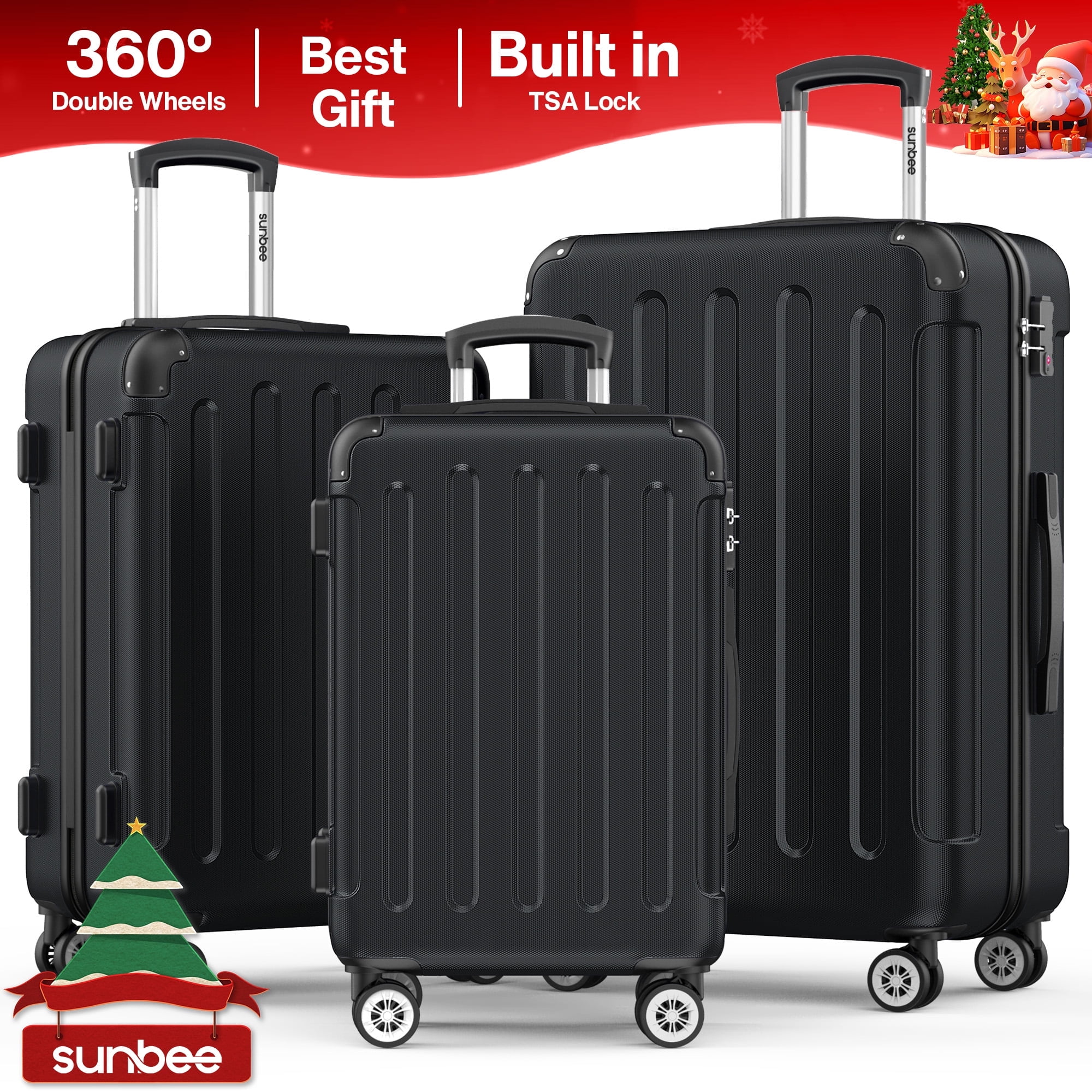 Sunbee 3 Piece Luggage Sets Hardshell Lightweight Suitcase with TSA Lock Spinner Wheels, Black