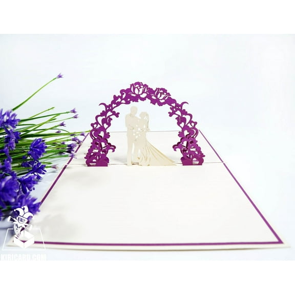 Wedding Day Pop Up Card – 3D Bride & Groom Under Floral Arch – Handmade Wedding Greeting Card, Anniversary Card, Engagement Gift, Bridal Shower Card with Envelope