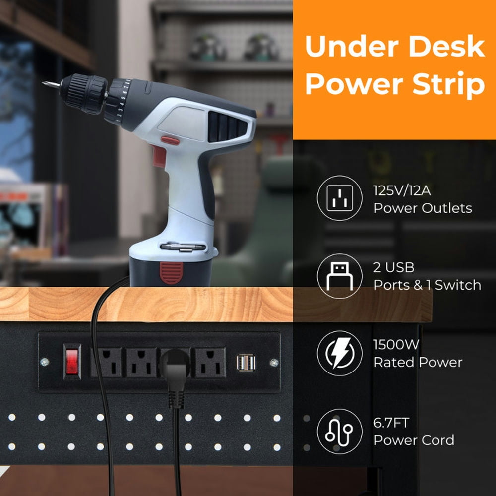 Demi Bonn 53" Adjustable Heavy-Duty Workbench with Rubber Wood Top for Home Office Sturdy Writing Workstation, Brown