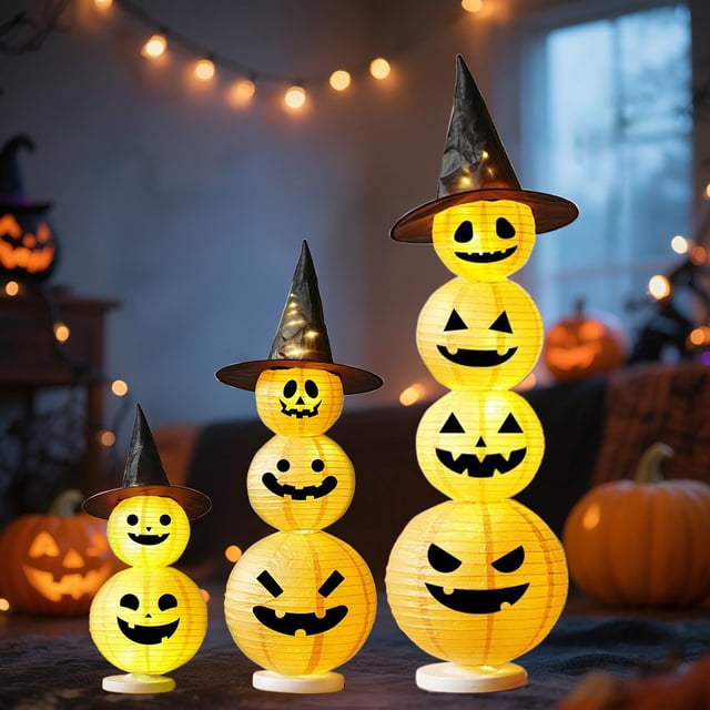 Stacked Pumpkin Lantern with Witch Hat - Halloween Table Decor for Indoor & Outdoor Party, Glowing LED Light Set