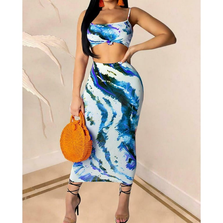 Pudcoco Summer Sexy Fashion Tie dye Print Two Piece Set Crop Top