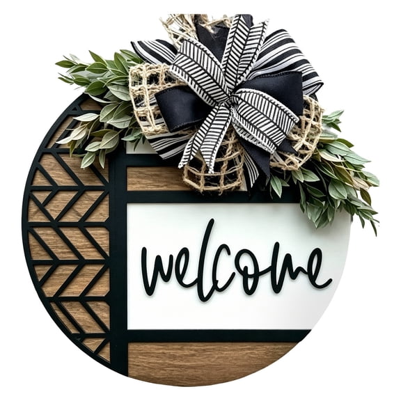 Nnndbs Rustic Round Wooden Welcome Sign, Farmhouse Front Door Wreath Wall Hanging for Porch Housewarming New Home Decor