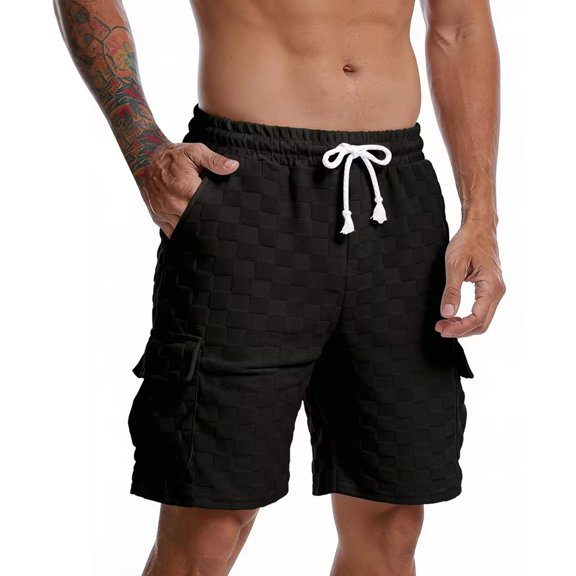 Ceisia Men Checkerboard Embossed Cargo Shorts Multi Pocket Drawstring Casual Bottoms Black S Gift