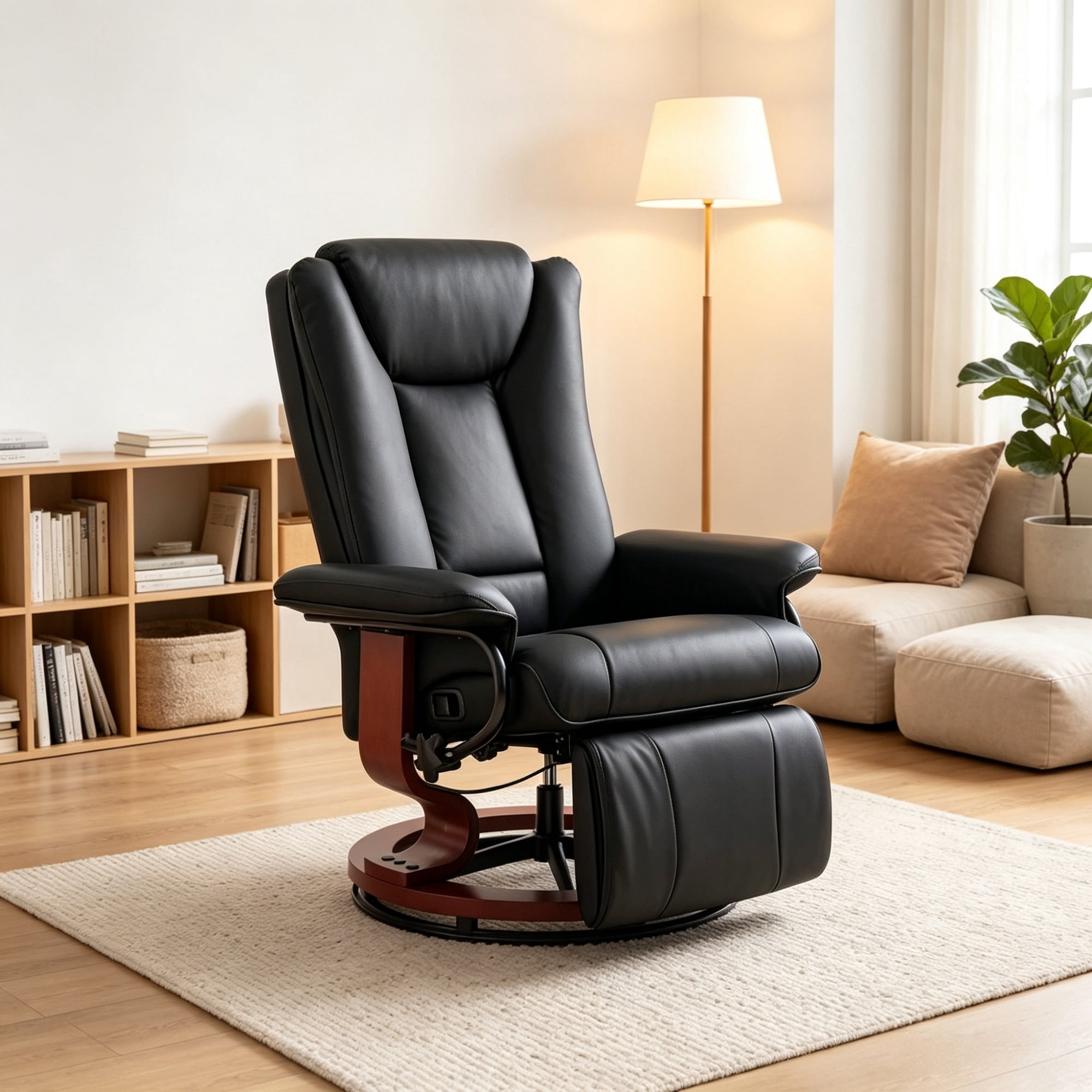 Modern Leather Swivel Recliner with Footrest, Compact Armchair