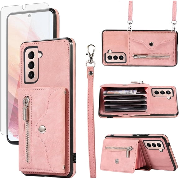 MYKOMI Phone Case for Samsung Galaxy S21 Plus S21 5G Wallet Cover with HD Screen Protector and Wrist Crossbody Strap Lanyard Credit Card Holder Stand S21 5G S21plus 21S S 21 21 G5 Rose Gold