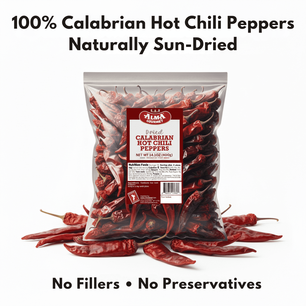 Alma Gourmet Whole Dried Calabrian Chili Peppers, Authentic Italian Peperoncino Secco Calabrese, Imported from Italy, 14.1 oz (400g)