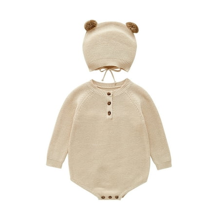 

Baby Girls Boys Sweater Romper Bodysuit Cotton Knitted Solid Color Bear Ear Hat Spring Casual Child Outfits Set