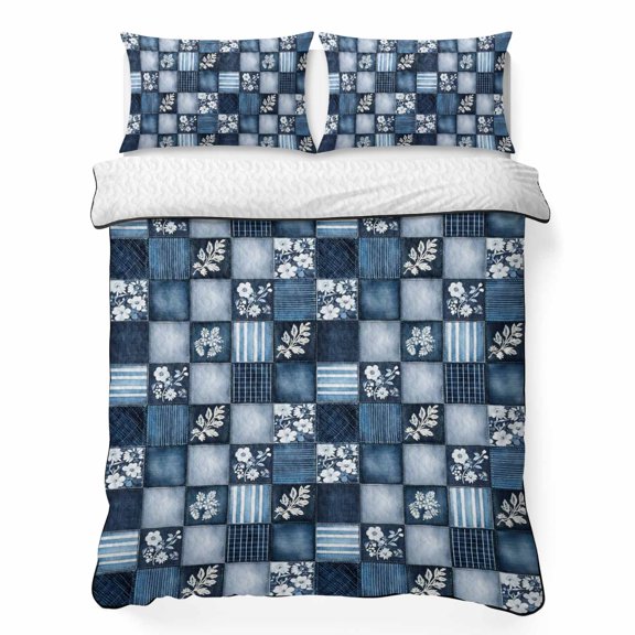 Twin XL Quilt Set, Pastoral Flower Floral on Retro Lightweight Quilt Sets Summer Comforter Coverlets with 2 Pillow Shams, Blue Striped Checkered Breathable 3 Piece Bedding Set for All Seasons