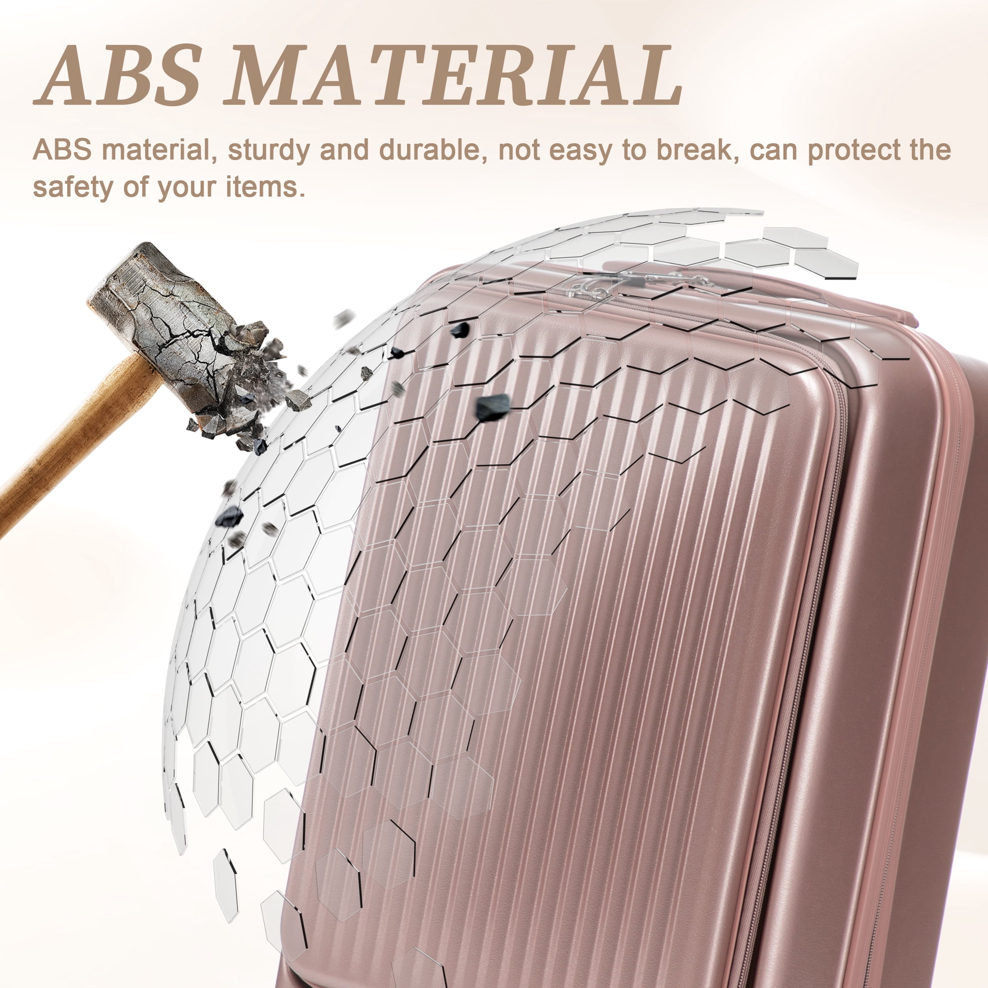 Alvantor 2 Piece Spinner Luggage Set, ABS Hardshell Front Opening Suitcase Set with Combination Lock and Cosmetic Case,14"/20" Champagne