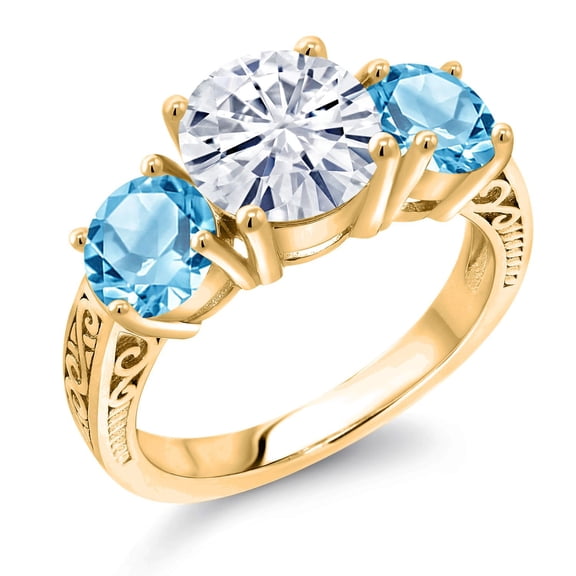 Gem Stone King 18K Yellow Gold Plated Silver White Moissanite and Swiss Blue Topaz Engagement Ring for Women | 3.90 Cttw | Round 8MM | Gemstone Birthstone | Size 8