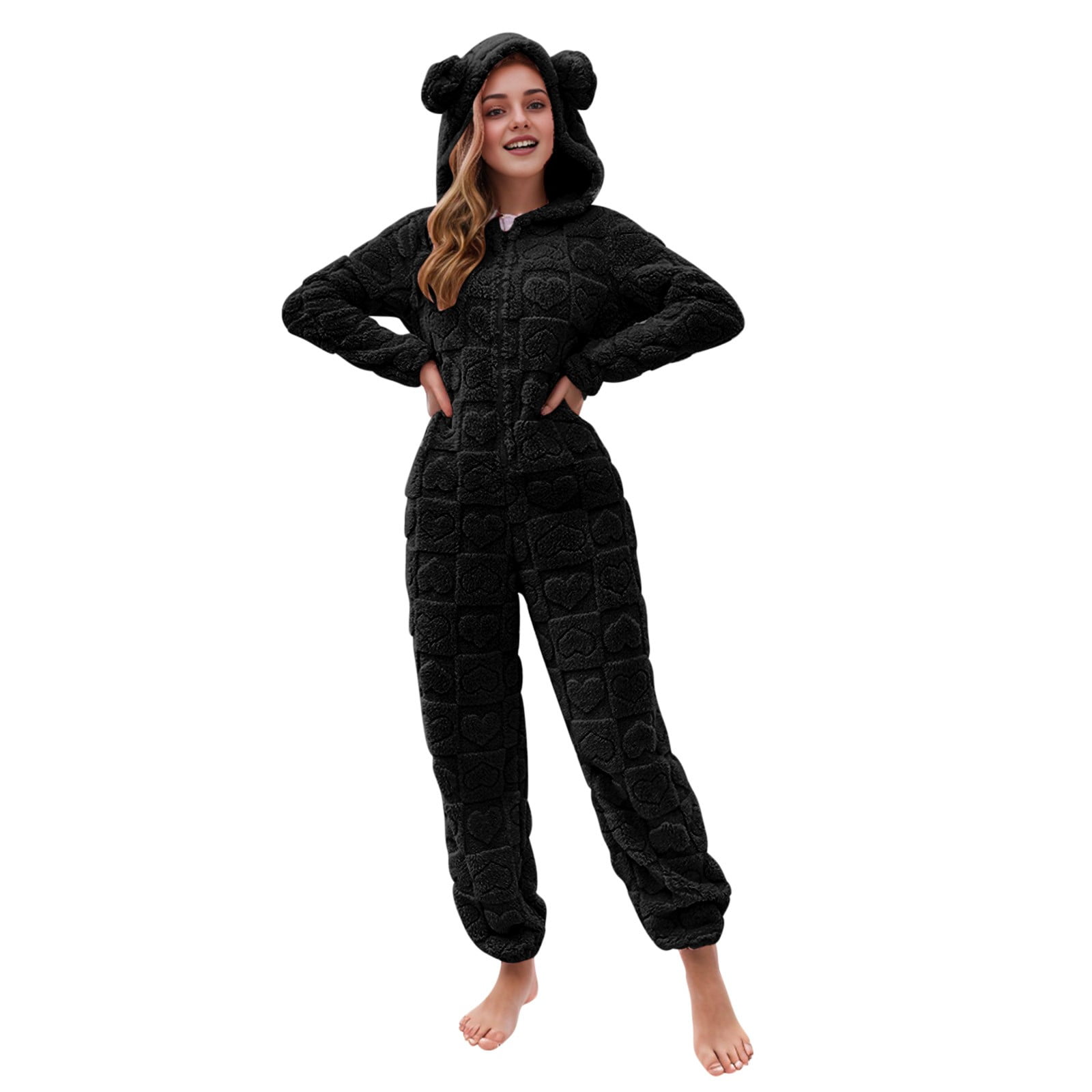 BiZtdJrK Women's Furry Sherpa Onesie Pajamas Fashion Heart Jacquard Jumpsuits Cute Ear Hood Romper Lounge Sleepwear, Black, M