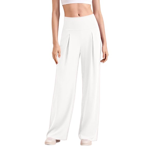 Wide Leg Yoga Pants for Women High Waisted Pleated Comfy Stretchy Work Dress Pants Casual Loose Pull on Sweatpants White L