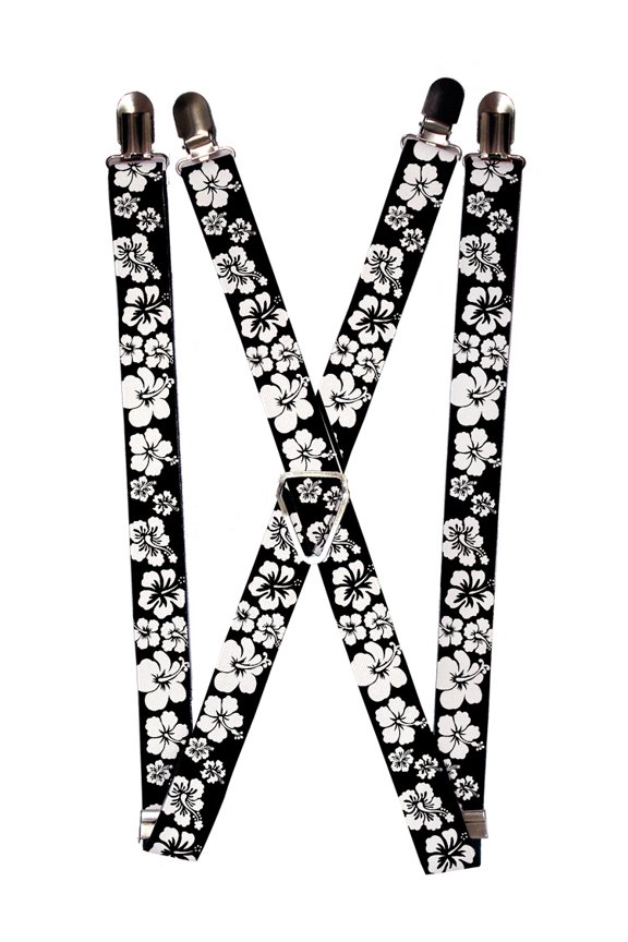 Black and White Hibiscus Flower Floral Pattern Suspenders