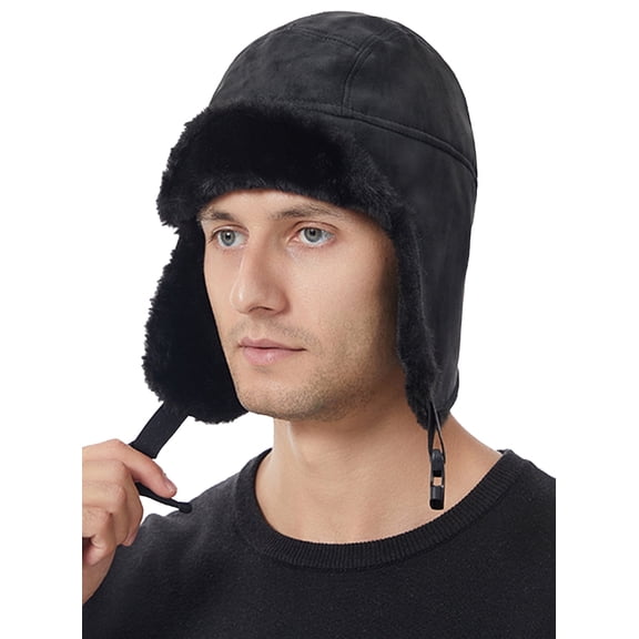 FEOYA Aviator Trapper Hat for Men Leather Ear Flaps Cap Warm Winter Cap Earflaps Hat Thickened Windproof Ski Cap with Adjustable Buckle for Outdoor