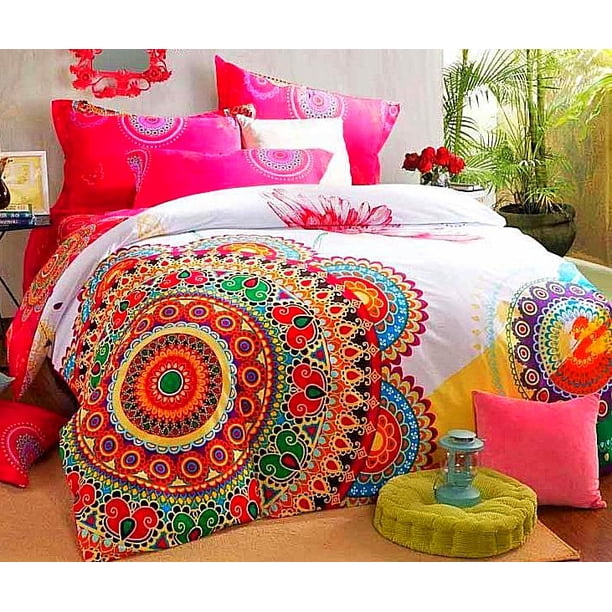Boho Rojo Azul Rosa 100% Algodón Espeso Ropa de Cama Set Funda Nórdica Sábana Almohada