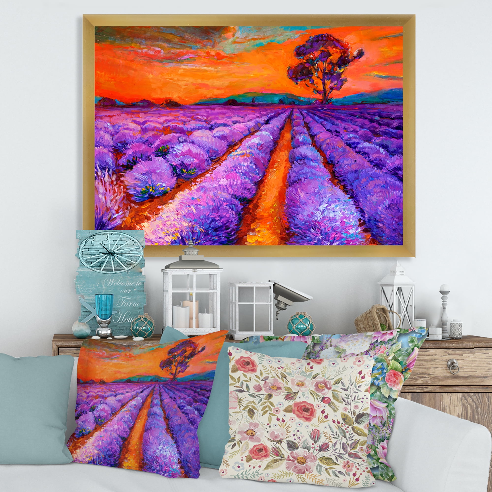 Designart 'An Orange Sunset Over Purple Lavender Fields I' Farmhouse Framed Art Print