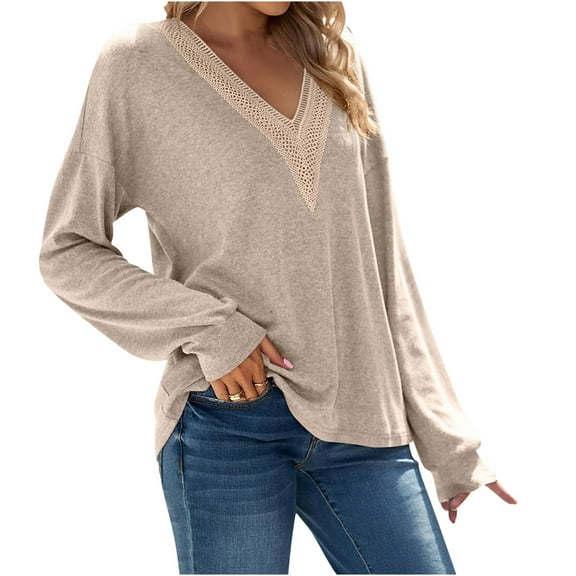 Elainilye Fashion Long Sleeve Undershirt for Women Casual Spring Brushed Shirt V-Neck Blouses Top Under Scrubs,Beige
