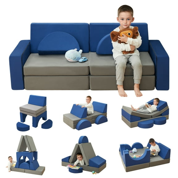 Modular Kids Play Couch, Kid Couches Building Fort, Kids Couch for Playroom and Bedroom, Toddler Sofa, Toddler Couches That Fold Out, Kid Fold Out Foam Block Sofa Blue and Grey