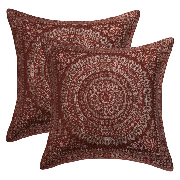 Stylo Culture Ethnic Brocade Living Room Throw Pillow Covers Coffee Brown 16x16 Traditional Jacquard Weave Gold Couch Cushion Covers 40 x 40 cm Polydupion Silk Mandala Square Pillowcases | Set Of 2