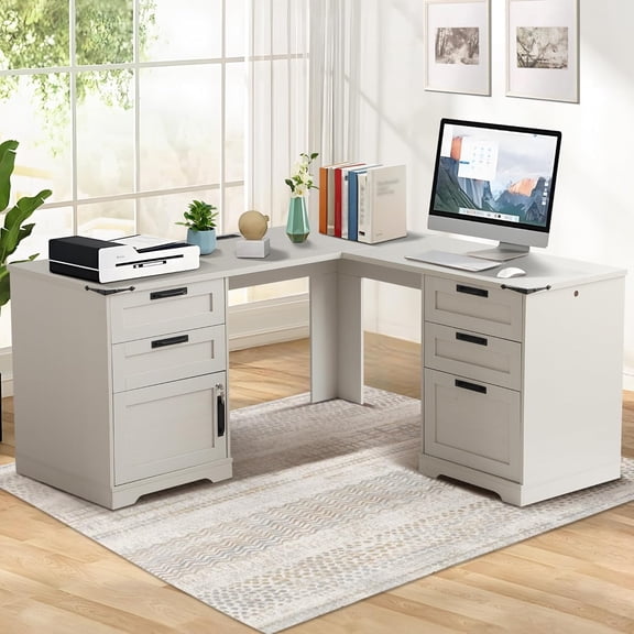 UTOASIS Farmhouse L Shaped Executive Desk, 60" Home Office Desk with Drawers & Charging Station, Wood Corner Computer Writing Desk with File Drawer and Storage Cabinet, for Home Office (Light Grey)