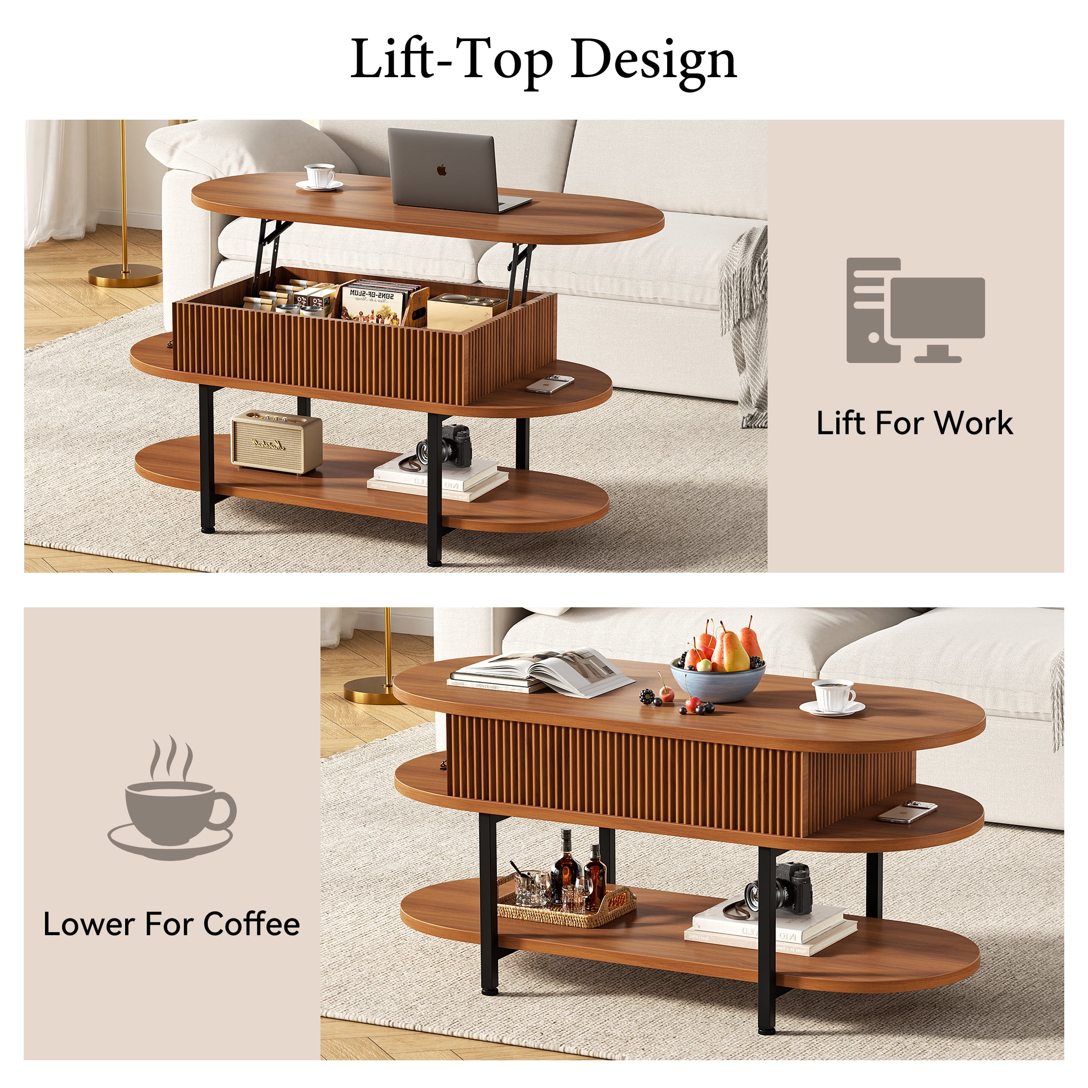 GUNAITO Lift Top Coffee Table with Storage, Modern Farmhouse Center Table with Shelf 3 Tier for Living Room, Walnut