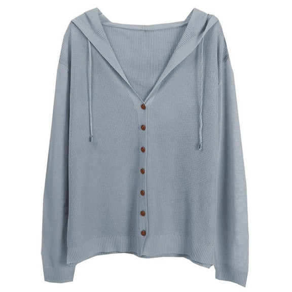 Kureaily Women's Loose Fitting Drop Shoulder Knitted Cardigan Hooded Top Lightweight Ice Silk Sun Outerwear For Layering Solid Color Cardigan