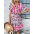 thumbnail image 4 of Women'S V Neck Patchwork Dress Bohemian Print Mini Skirt Summer Casual Beach Chic Pink S, 4 of 9