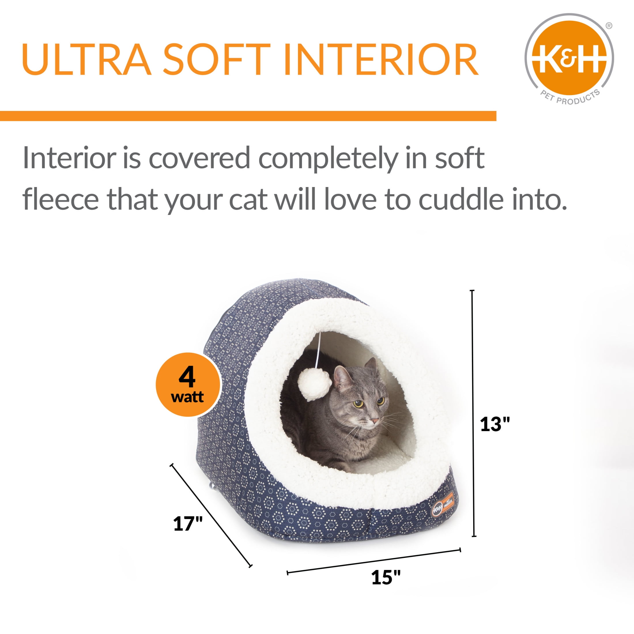 K&H Pet Products Thermo-Pet Cave Cat Bed Heated Navy/Geo Flower 17 X 15 X 13 Inches
