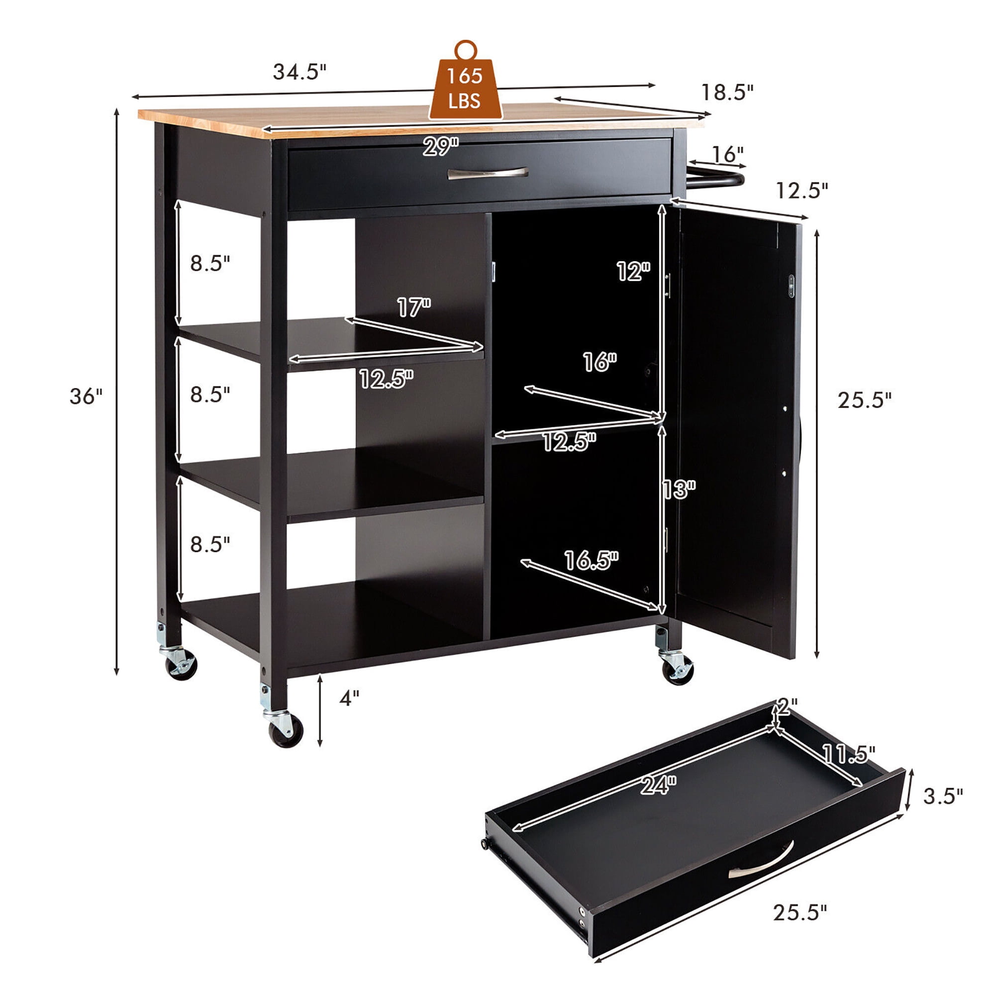 Gymax Mobile Kitchen Island Cart Serving Utility Trolley Drawer Shelf Towel Rack Brown