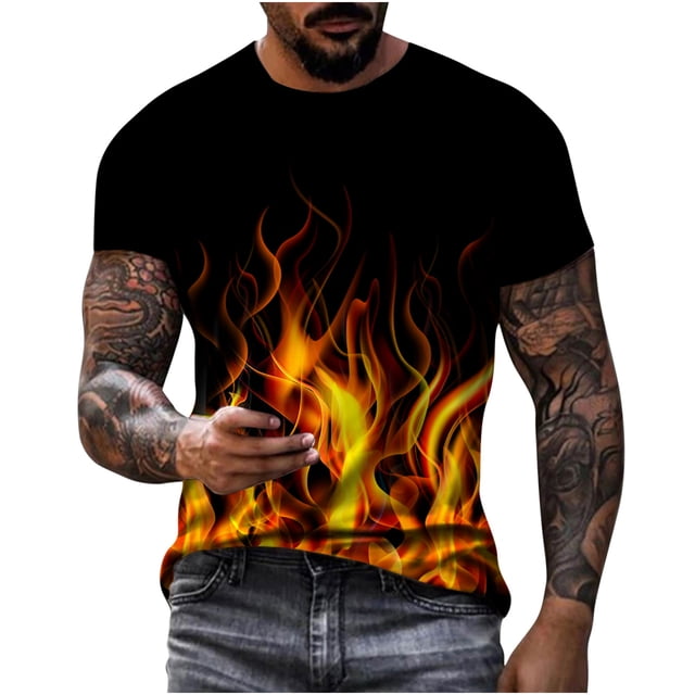 Camiseta unisex de uso diario para hombre, con estampado gráfico en 3D, con estampado de llamas, manga corta, blusa informal Pompotops oipoqjl31412