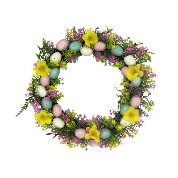 Easter Garlands Decorations, Spring Artificial Wreath with Colorful Eggs & Flower, for Front Door Farmhouse Holiday Wall Home Window, 7.87x7.87in