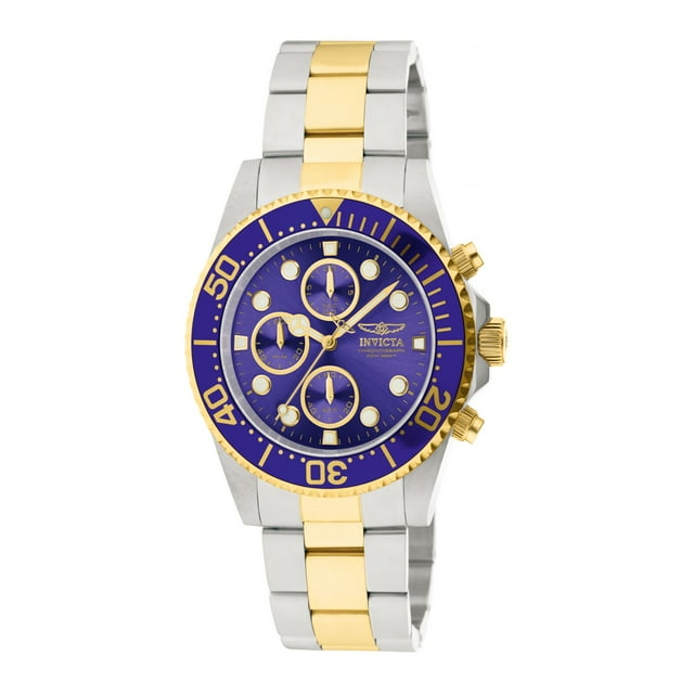 reloj invicta 1773 hombre acero inoxidable, oro reloj Invicta 1773 hombre en acero inoxidable y oro, vista frontal centrada de cronógrafo con esfera azul, bisel giratorio azul con marcadores dorados, tres subesferas, índices circulares luminiscentes, corona y pulsadores dorados, brazalete bicolor acero y oro.