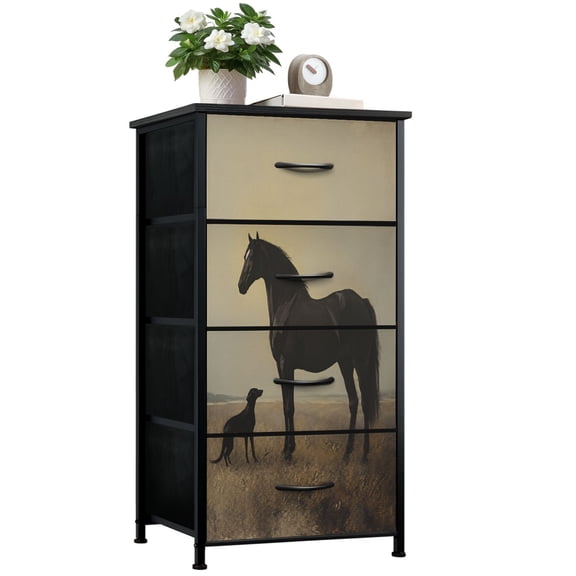 Horse Dresser for Bedroom with 4 Storage Drawers Vintage Farmhouse Animal Rustic Study Horse Dog Landscape Dressers Chest of Drawers Steel Framed Fabric Closet Organizers for Entryway