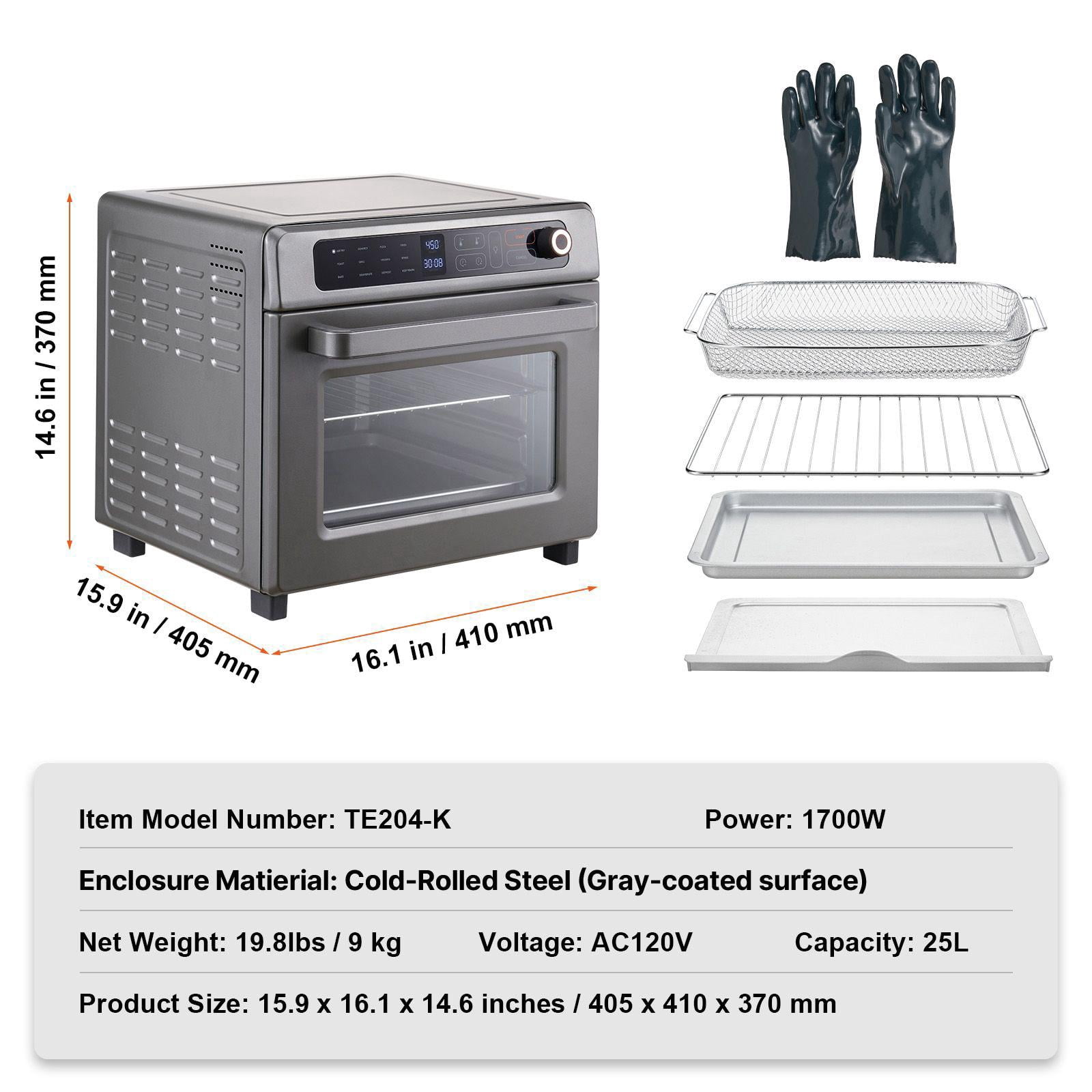 12 in 1 Air Fryer Oven 25L Convection Oven 1700W Stainless Steel Countertop Oven with Grill Function Pizza Pan Oven Gloves Bakes 12 Slices of Bread and 12 Inch Pizzas for Home and Commercial Use