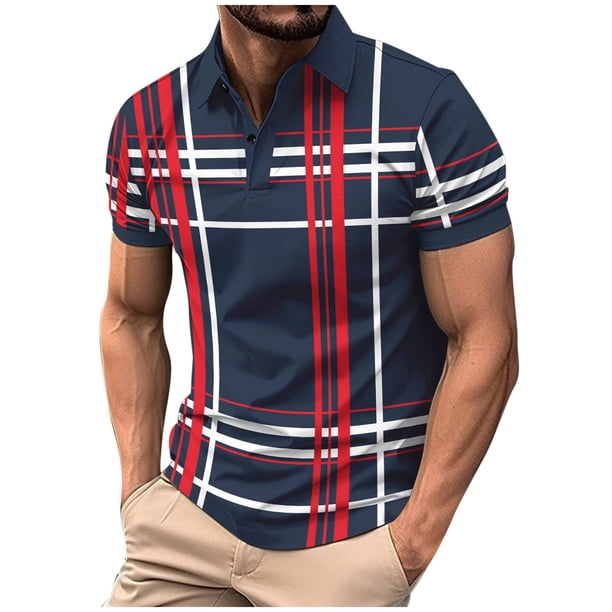 Pantalones Cortos Casuales de Manga Corta de Solapa de Jean con Estampado a Rayas, Camisa Transpirable de los Hombres de Verano para Diario Y Negocios